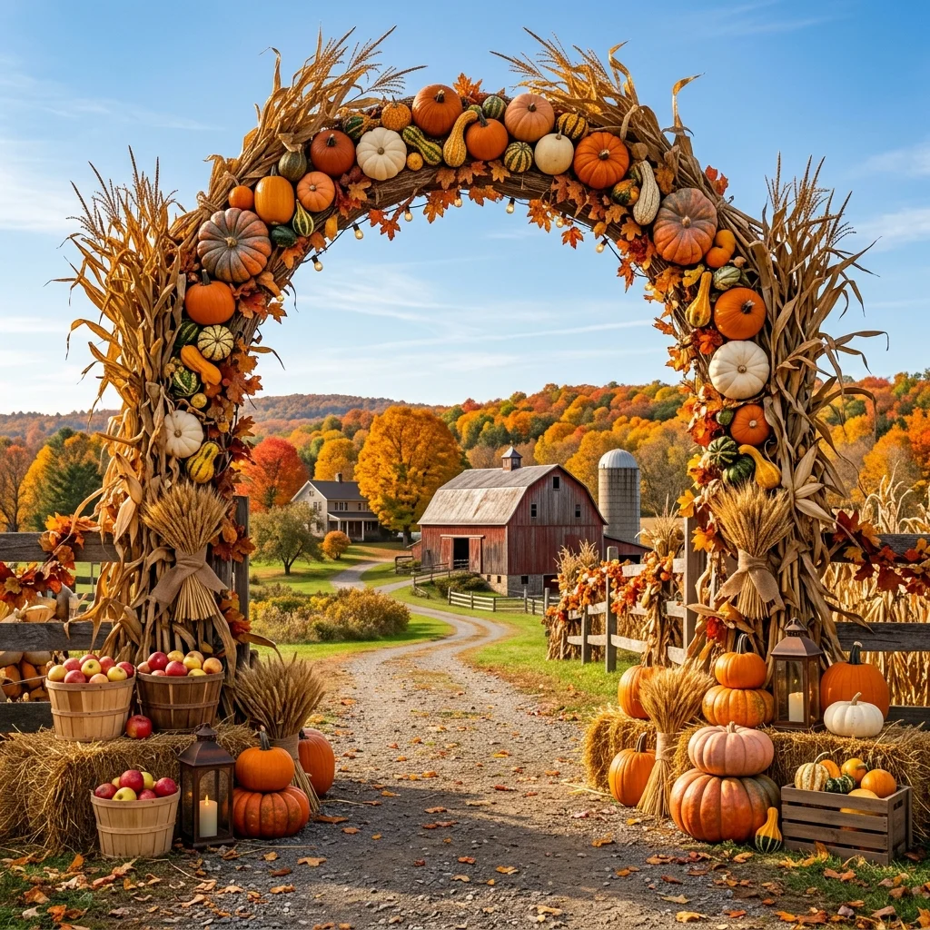 Pumpkin Archway with Cornstalks and Gourds