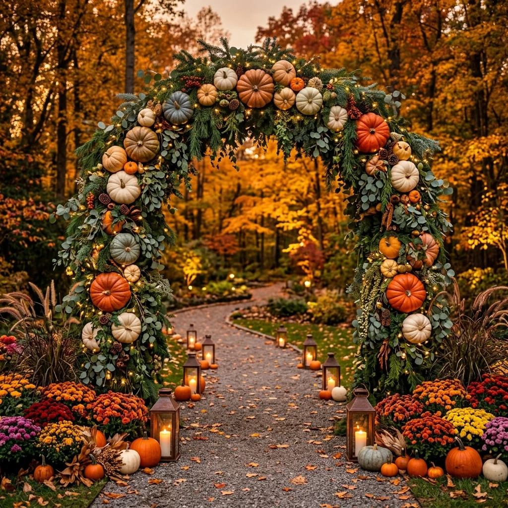 Pumpkin Archway with Twinkling Lights and Greenery
