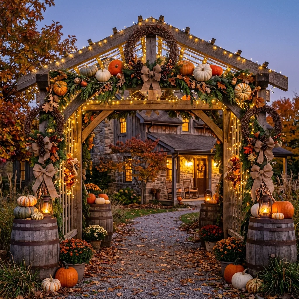 Rustic Pumpkin Archway with Twinkling Lights 