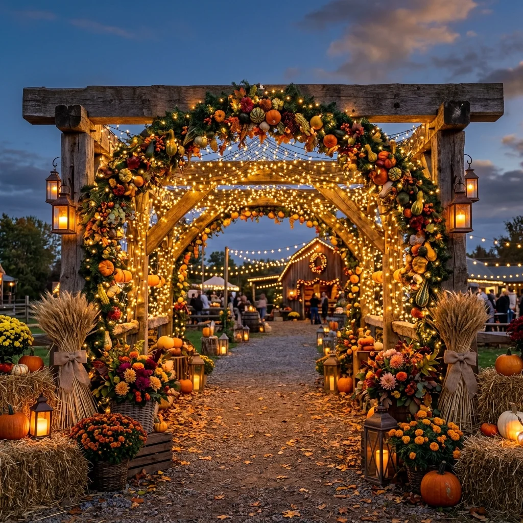 Rustic Pumpkin Archway with Twinkling Lights 