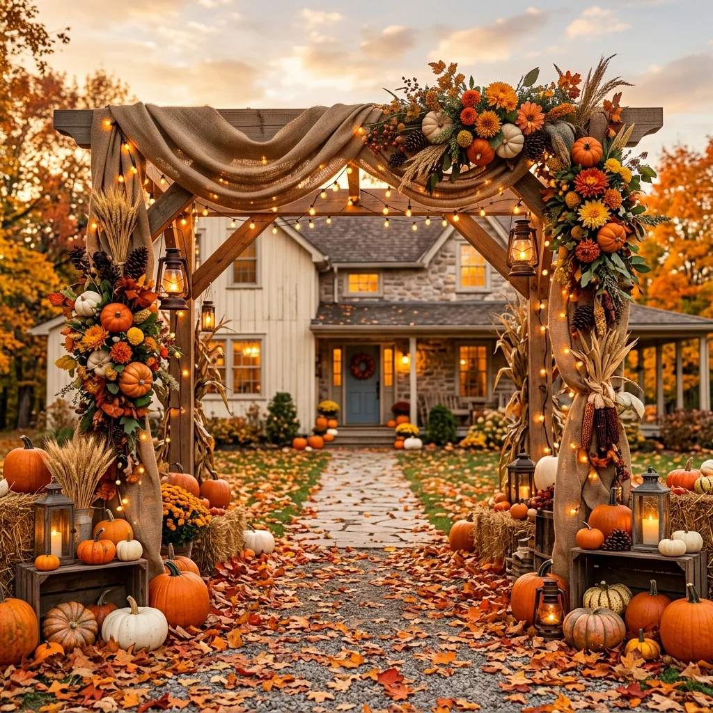 Rustic Pumpkin Archway with Twinkling Lights 