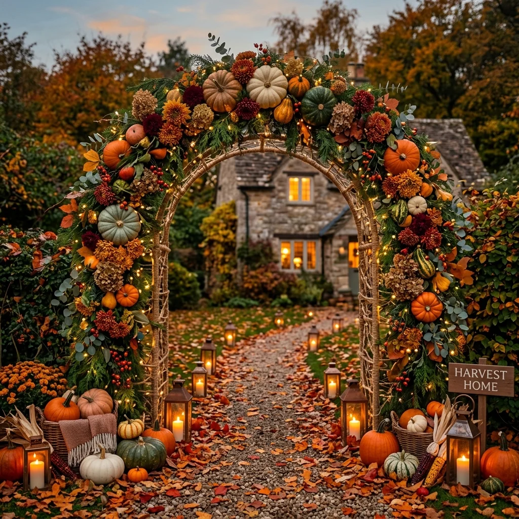 Rustic Pumpkin Archway with Twinkling Lights 