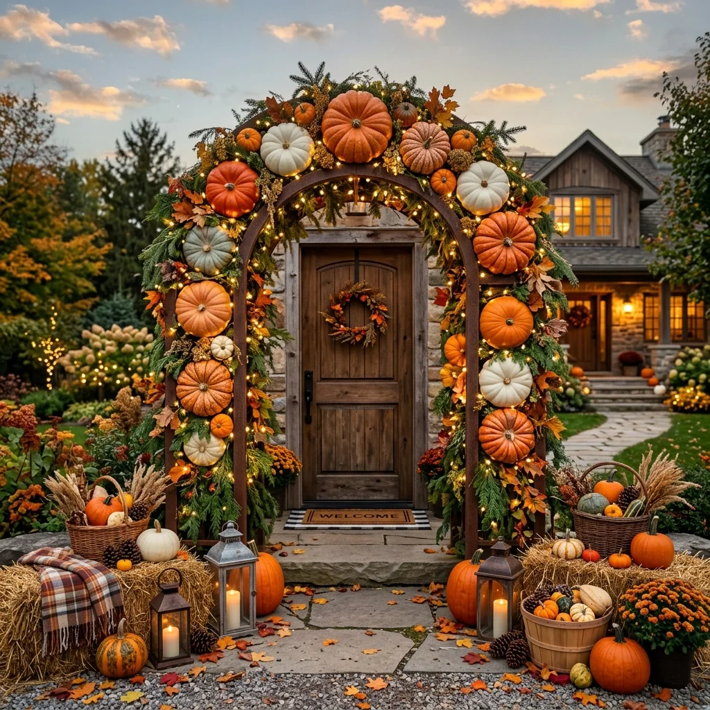 Rustic Pumpkin Archway with Twinkling Lights