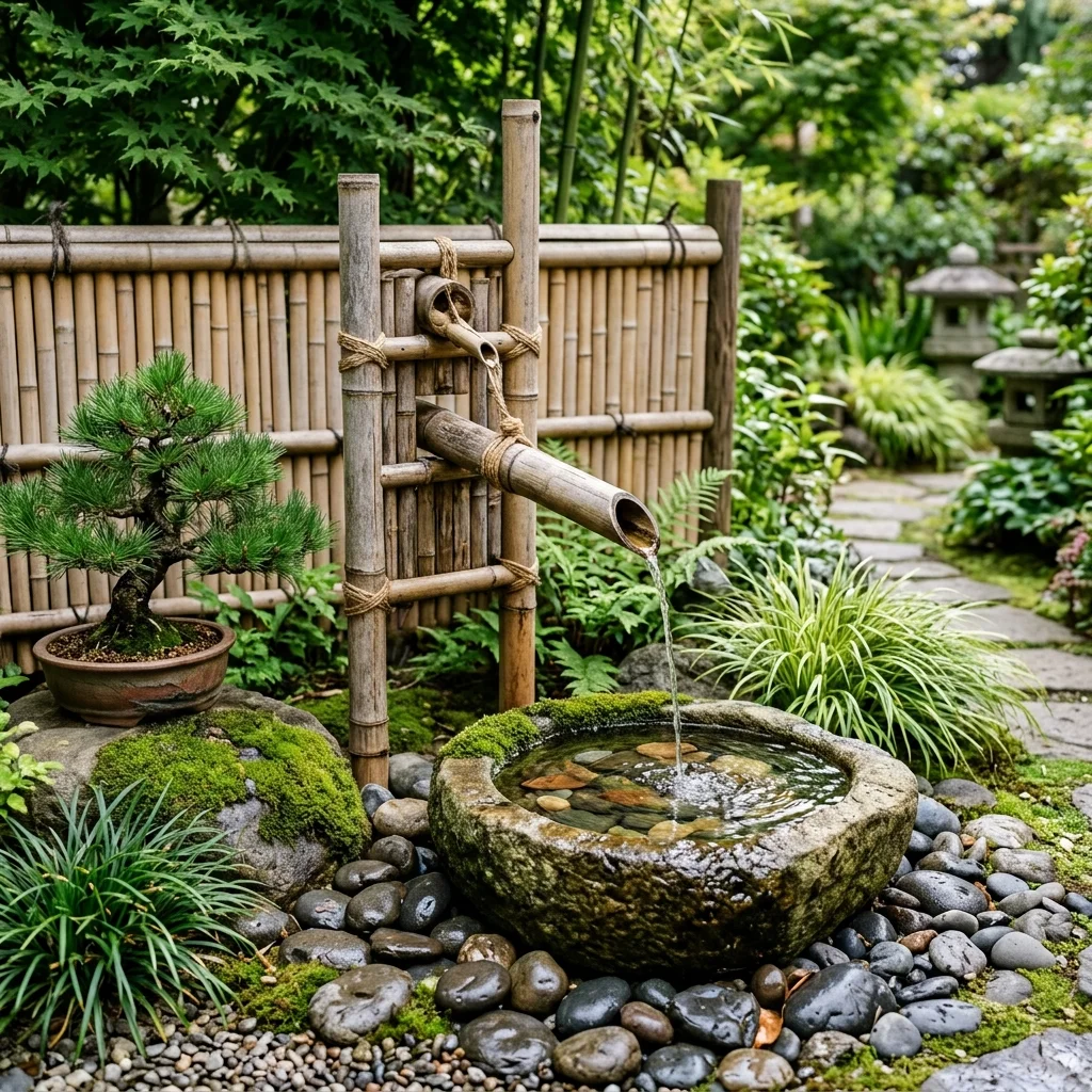 Solar-Powered Fountain with Bamboo