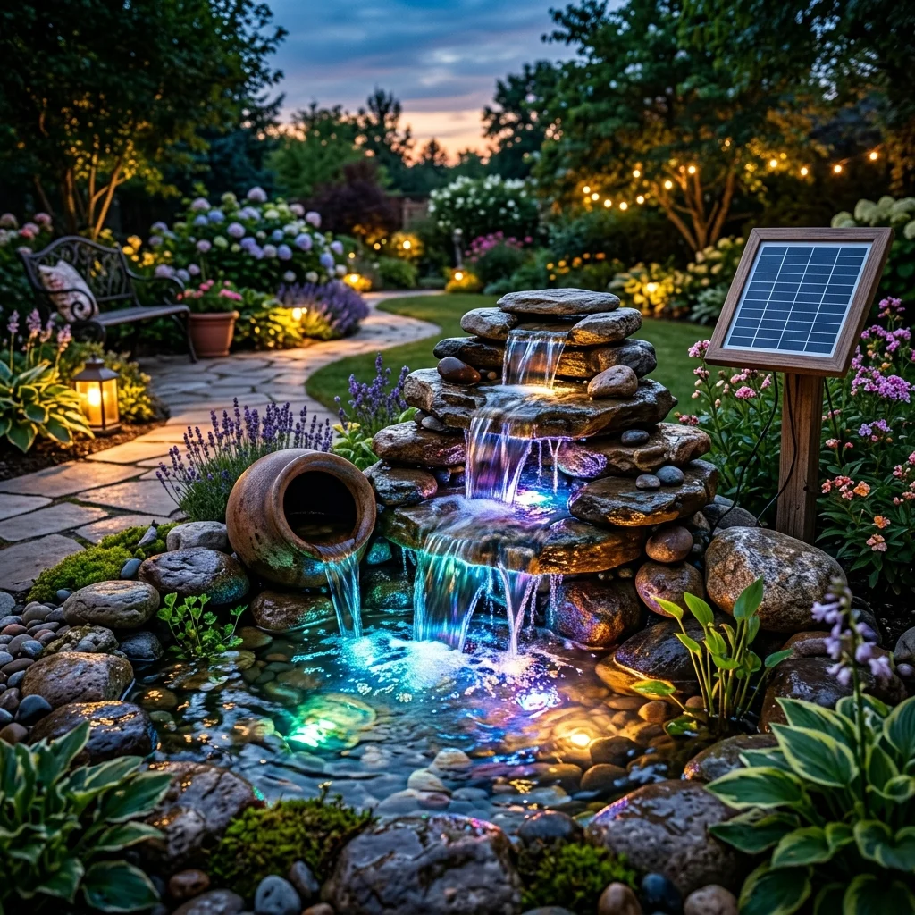 Solar-Powered Fountain with LED Lights and Water Feature
