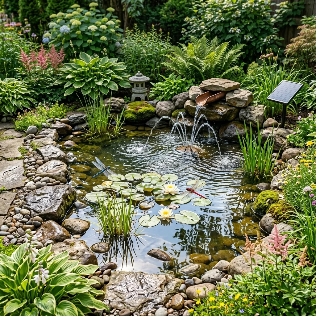 Solar-Powered Fountain with Water Feature