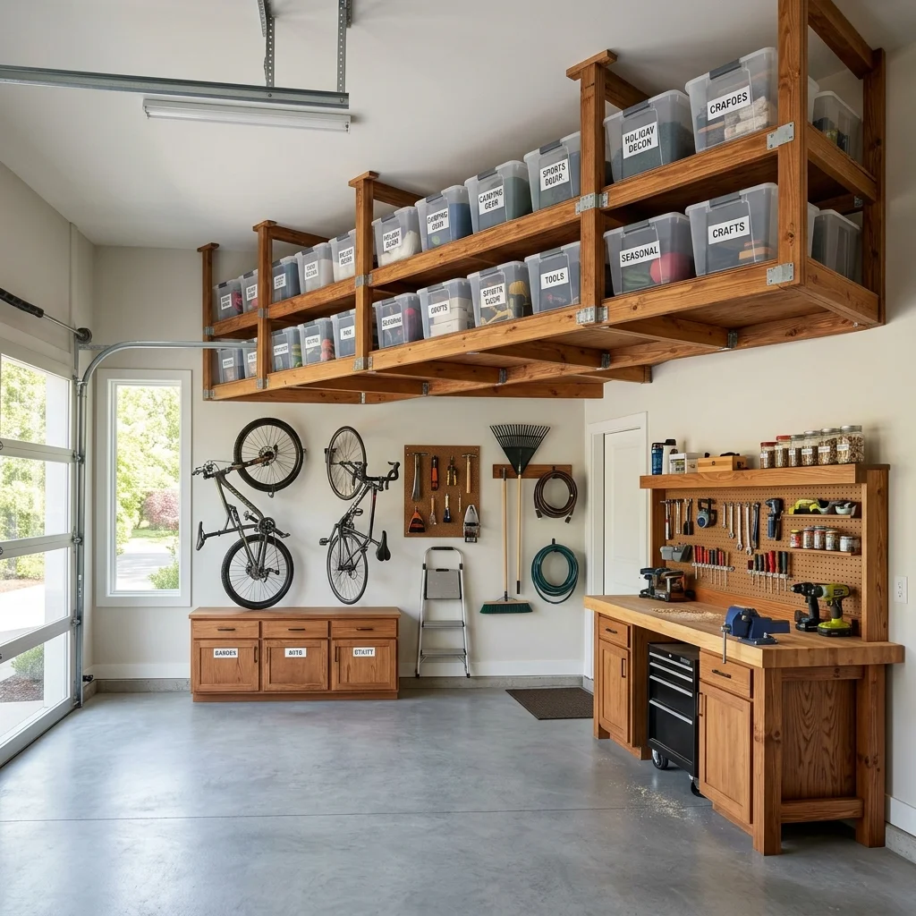 Utilize Overhead Storage with DIY Garage Shelves 