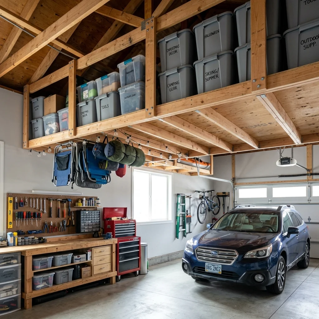 Utilize Overhead Storage with DIY Garage Shelves