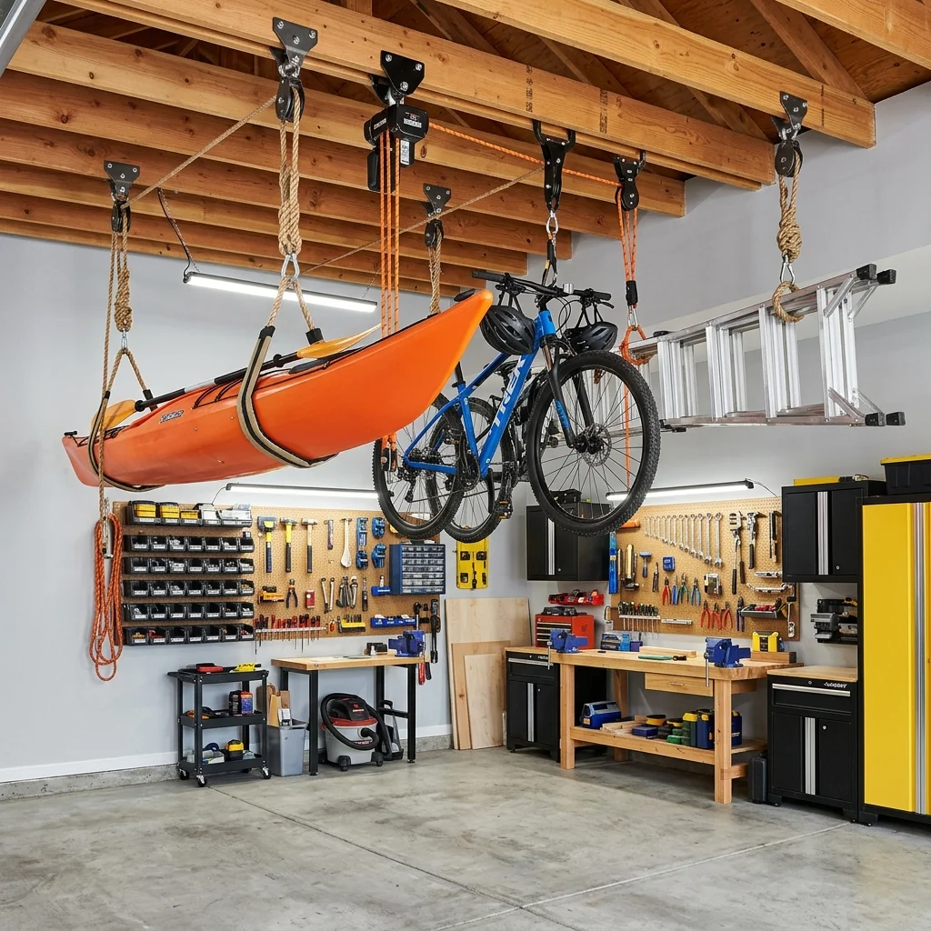Utilize Overhead Storage with a DIY Garage Pulley System