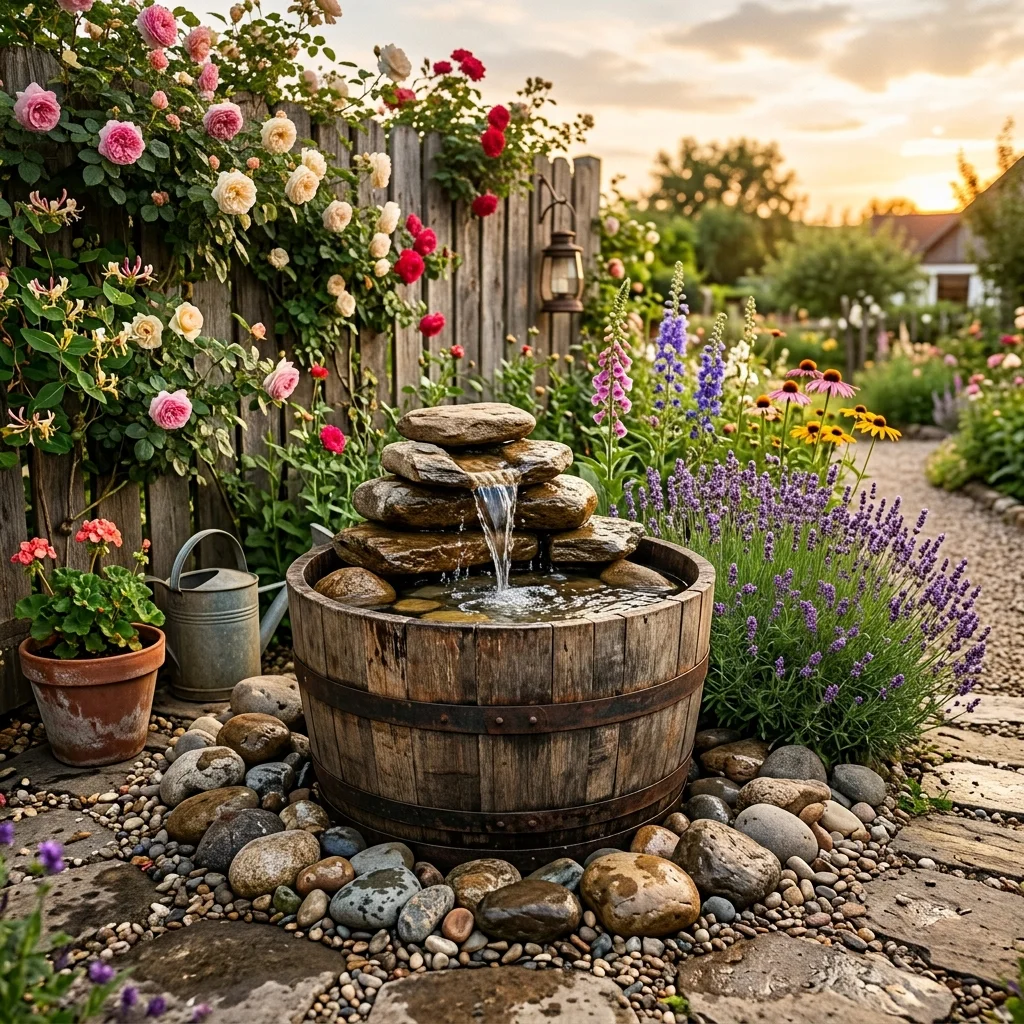 Wooden Barrel Solar Fountain