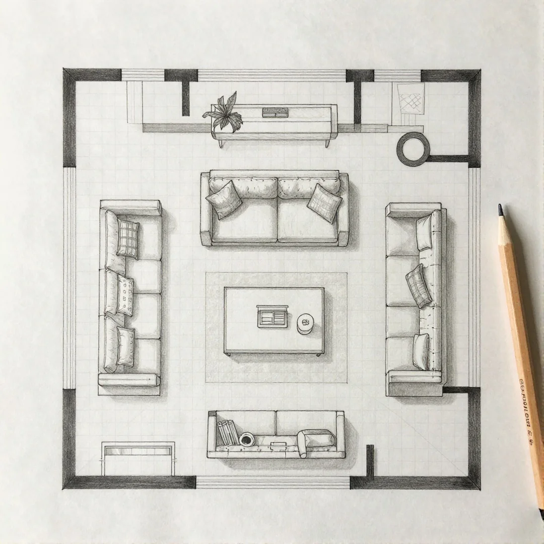 Top-Down Floorplan - 20 living room ideas a step by step drawing guide
