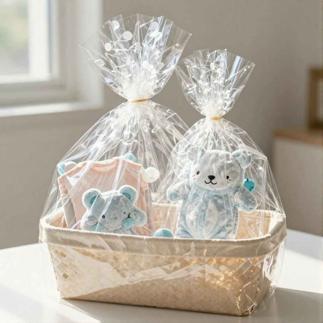 Cellophane Basket Wrap - baby shower gift wrapping ideas