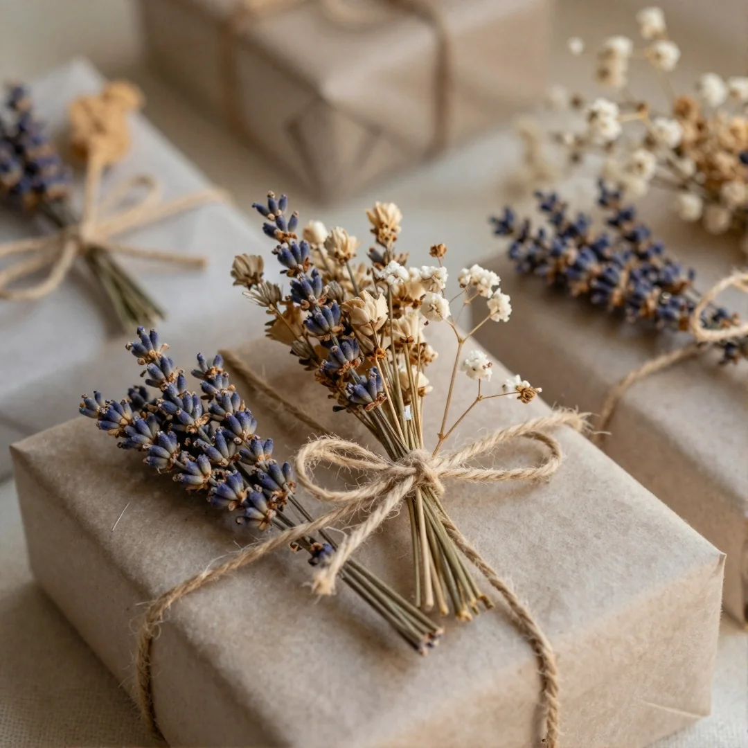 Dried Flower Toppers - baby shower gift wrapping ideas