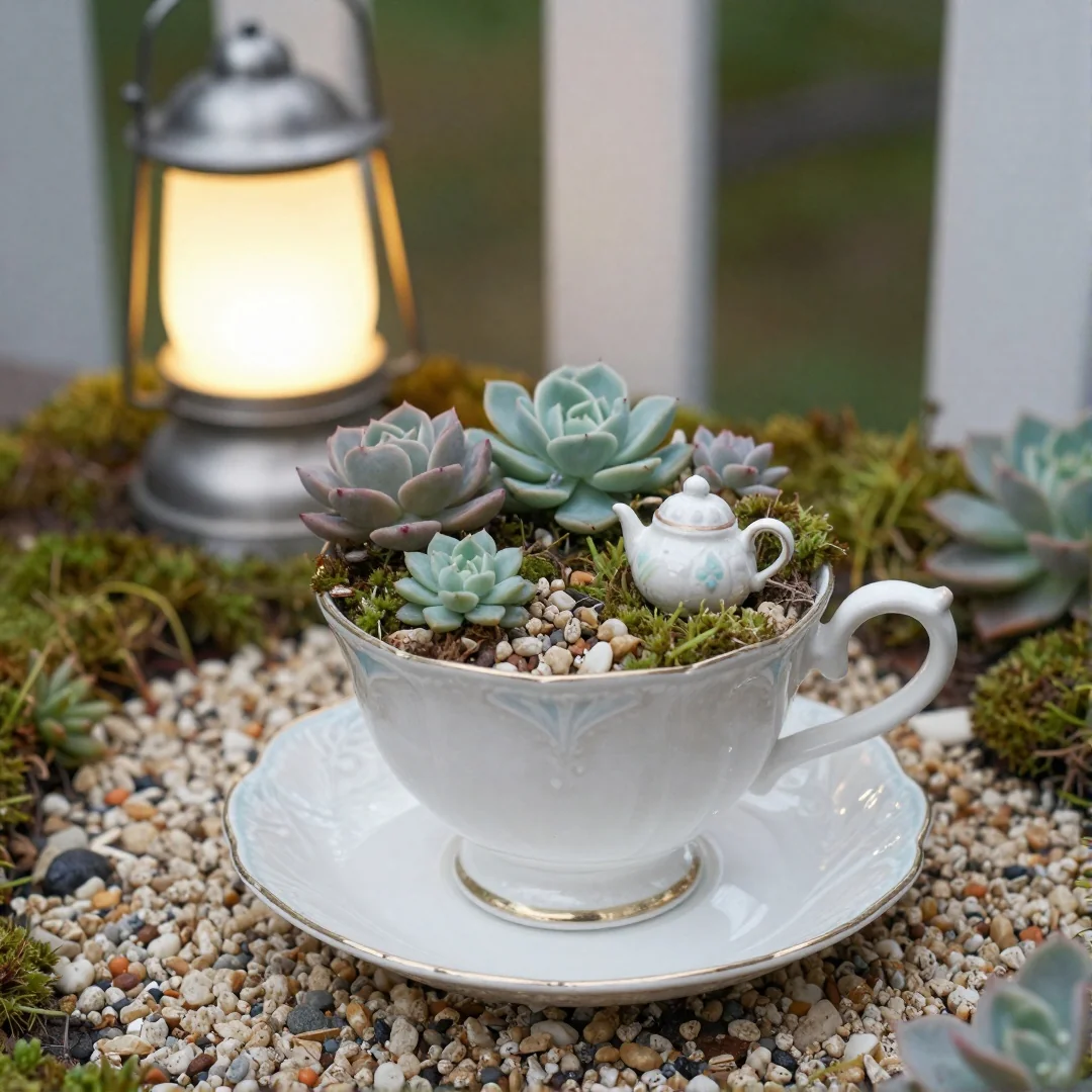Thrifted Teacup Garden - outdoor fairy garden diy