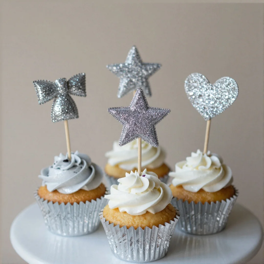 Silver Glitter Cupcake Toppers - winter wonderland baby shower